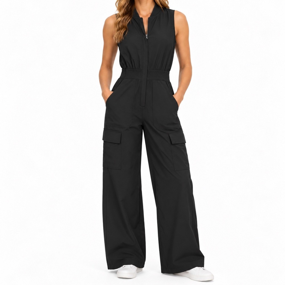 Athleta Brooklyn Utility Jumpsuit Black Sleeveless Wide Leg Size 4